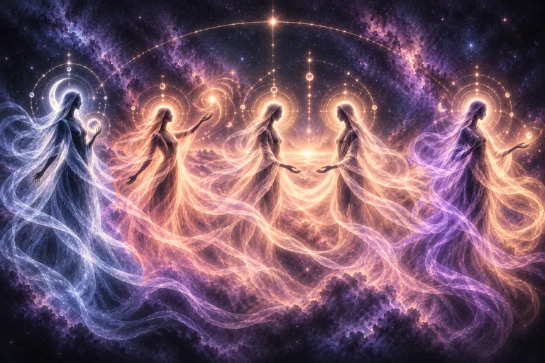 Five celestial figures together beneath a shared arc of light