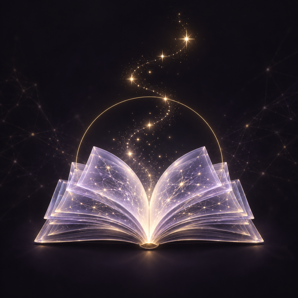 A luminous glass book with neural connections and a rising path of stars